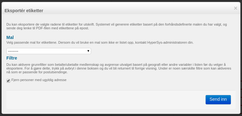 Skjermbilde som viser grensesnitt for eksportering av etiketter.