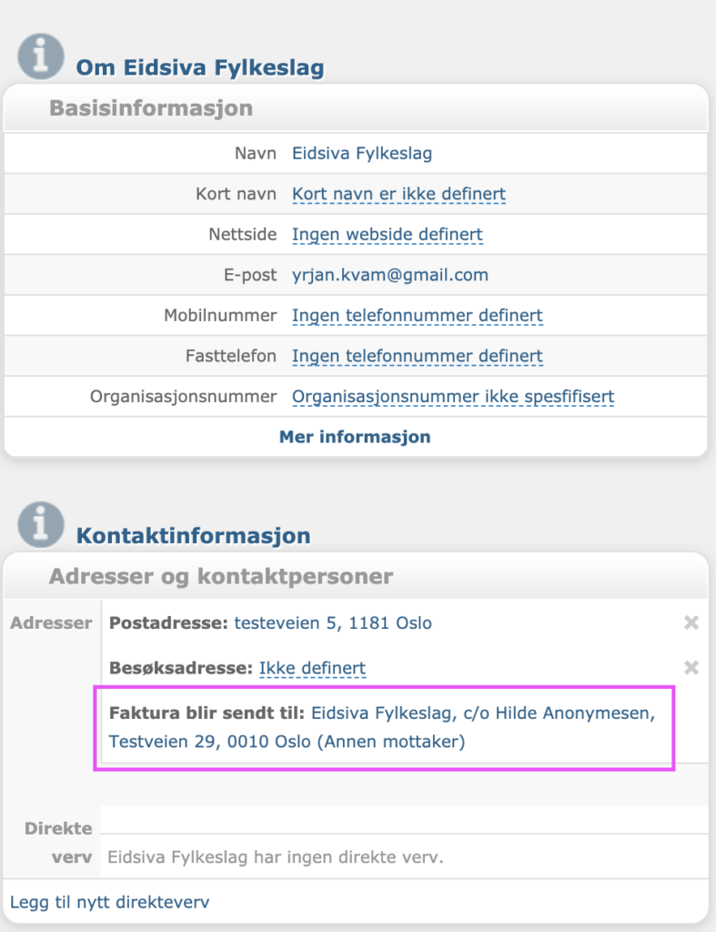 Bildet viser ny linje i kontaktinformasjon hos organisasjoner