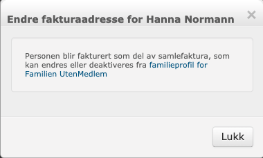 Bilde 7 viser endre dialogboks for med lenke som tar deg videre for å håndtere felles fakturaadresse i familie modulen