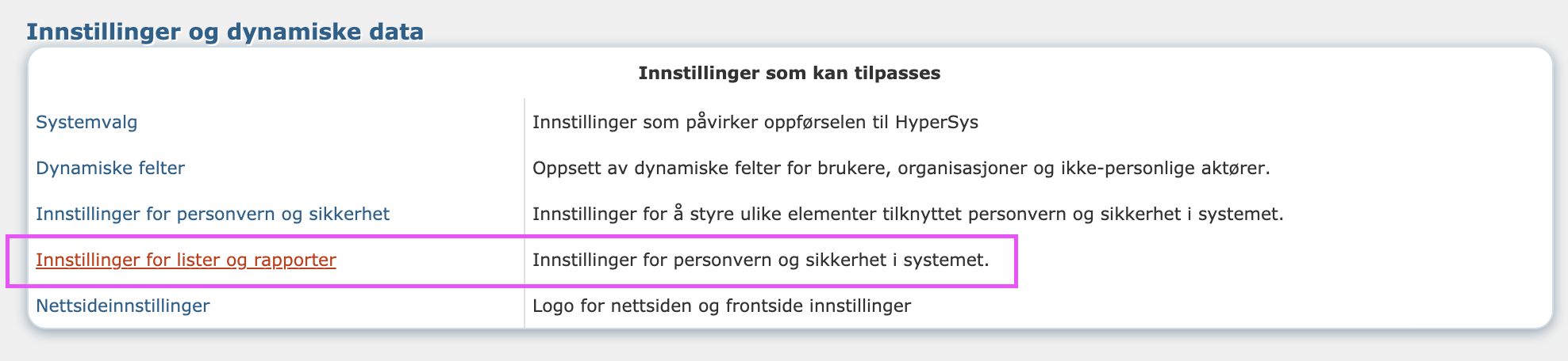 Bildet viser uthevet menyvalg