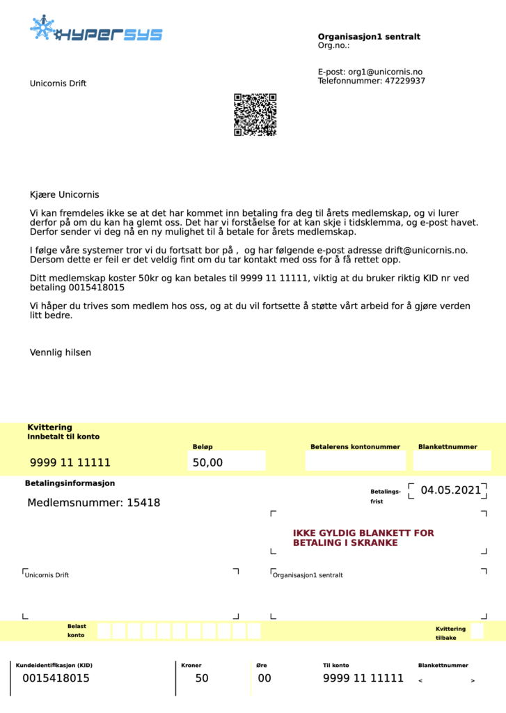 Viser hvordan medlemmets faktura blir seende ut når den sendes gjennom HyperSys. 