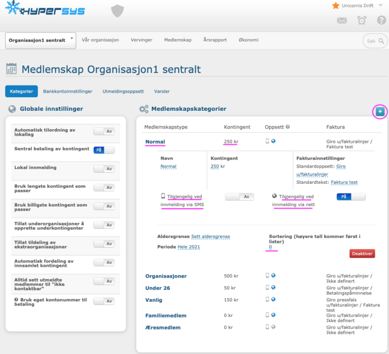 Kontingent og oppsett – Hjelpeside for HyperSys