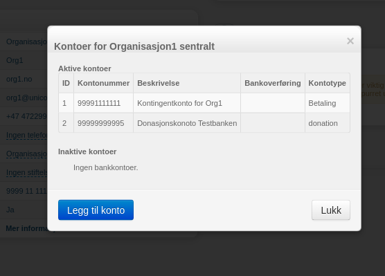 Bildet viser hvordan vinduet kontoer for organisasjon ser ut, med mulighet til å klikke på knappen legg til konto
