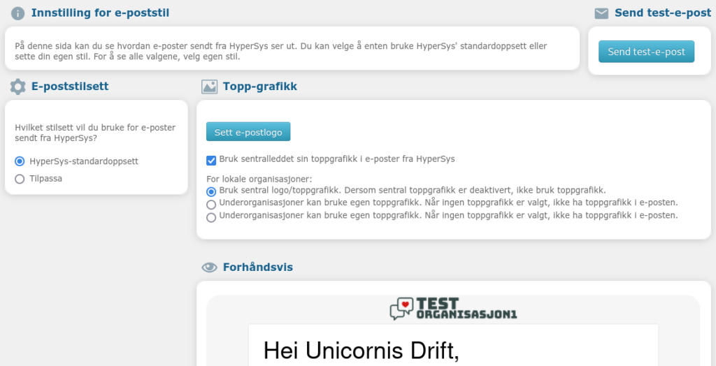 Skjermbilde som viser grensesnitt for oppsett av e-poststil