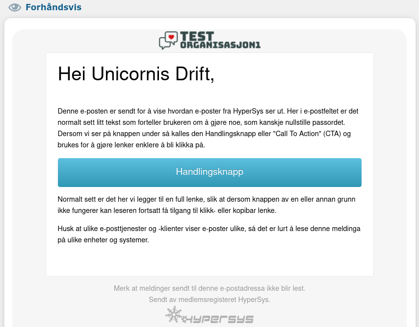 Skjermbilde som viser HyperSys sin standardmal for e-poststil
