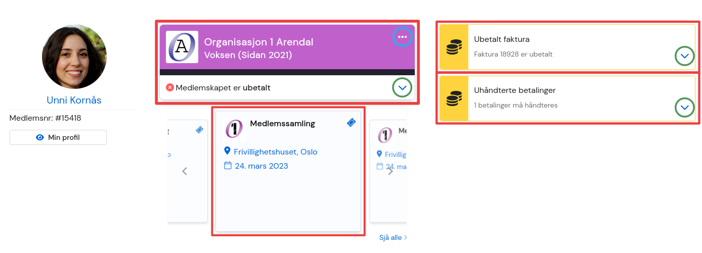 Bildet viser en rekke kort og interagerbare objekter på landingssida. 