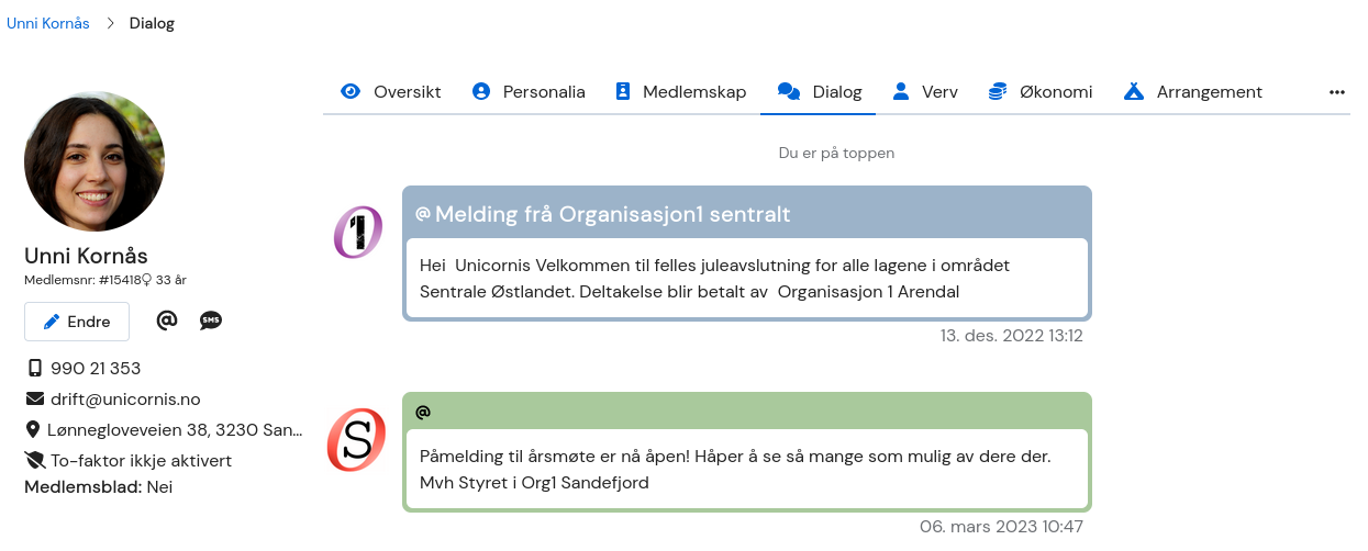 Skjermbilde av dialog-fanen på brukerprofilen