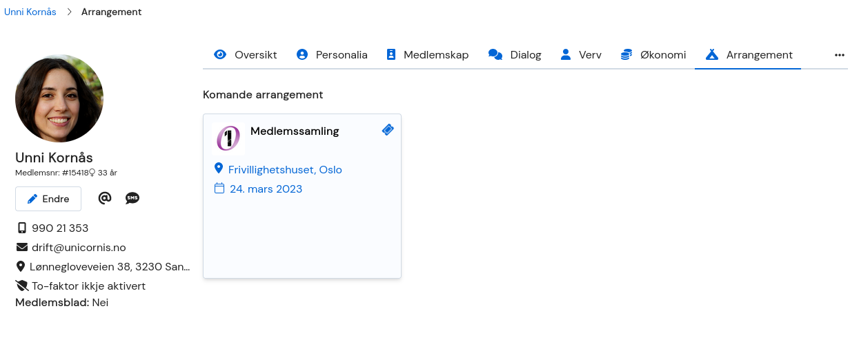 Skjermbilde av arrangement-fanen på brukerprofilen