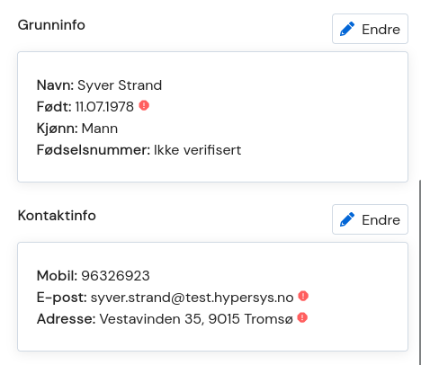Skjermbilde som viser hvordan ugyldige verdier er merket i personalia-fanen