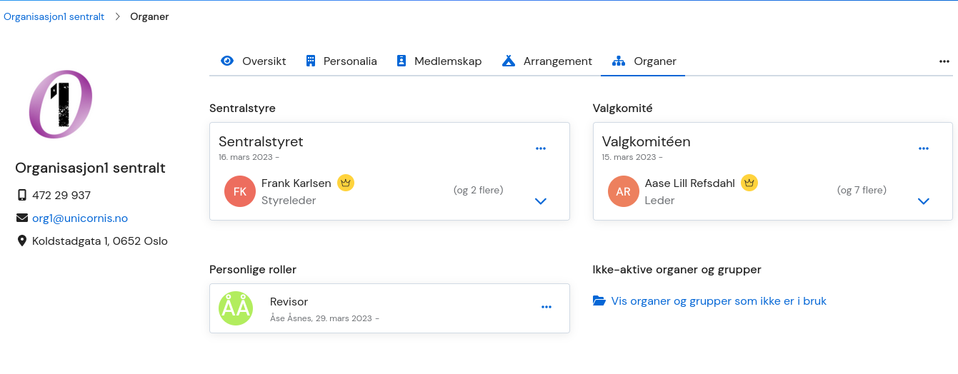 Skjermbilde av organ-fana på organisasjonsprofilen
