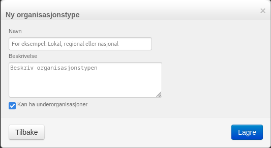 Skjermbilde av vinduet der du definerer en ny organisasjonstype.