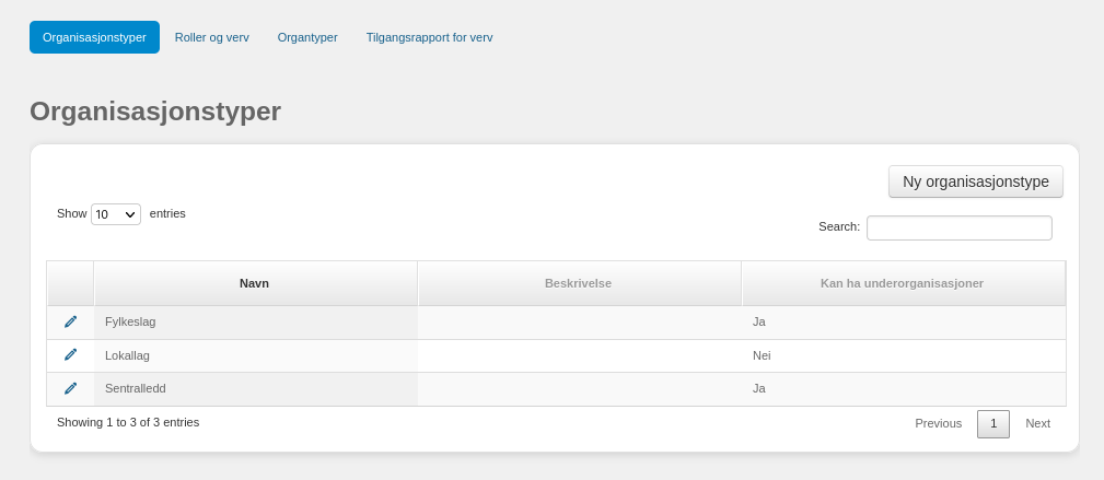 Skjermbilde av menyen der du kan definere organisasjonstyper.