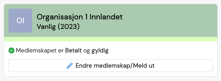 Medlemskortet på min side med knapp for å endre medlemskap eller melde ut person