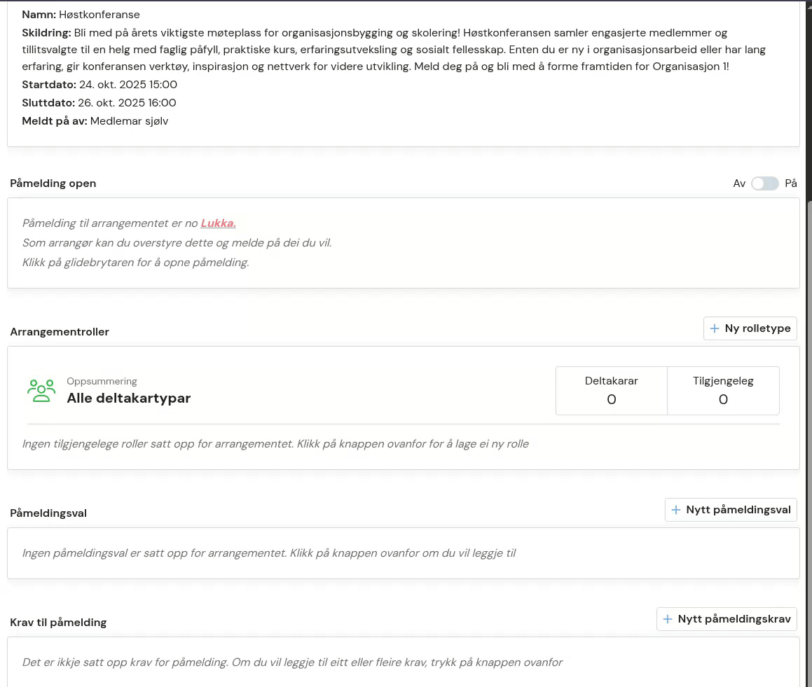 Slik opprettar du ei arrangementsrolle. Klikk på Ny rolletype.